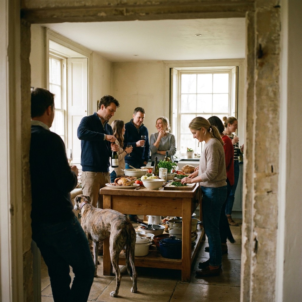 Friends preparing a long lunch together in a Cotswolds farmhouse kitchen